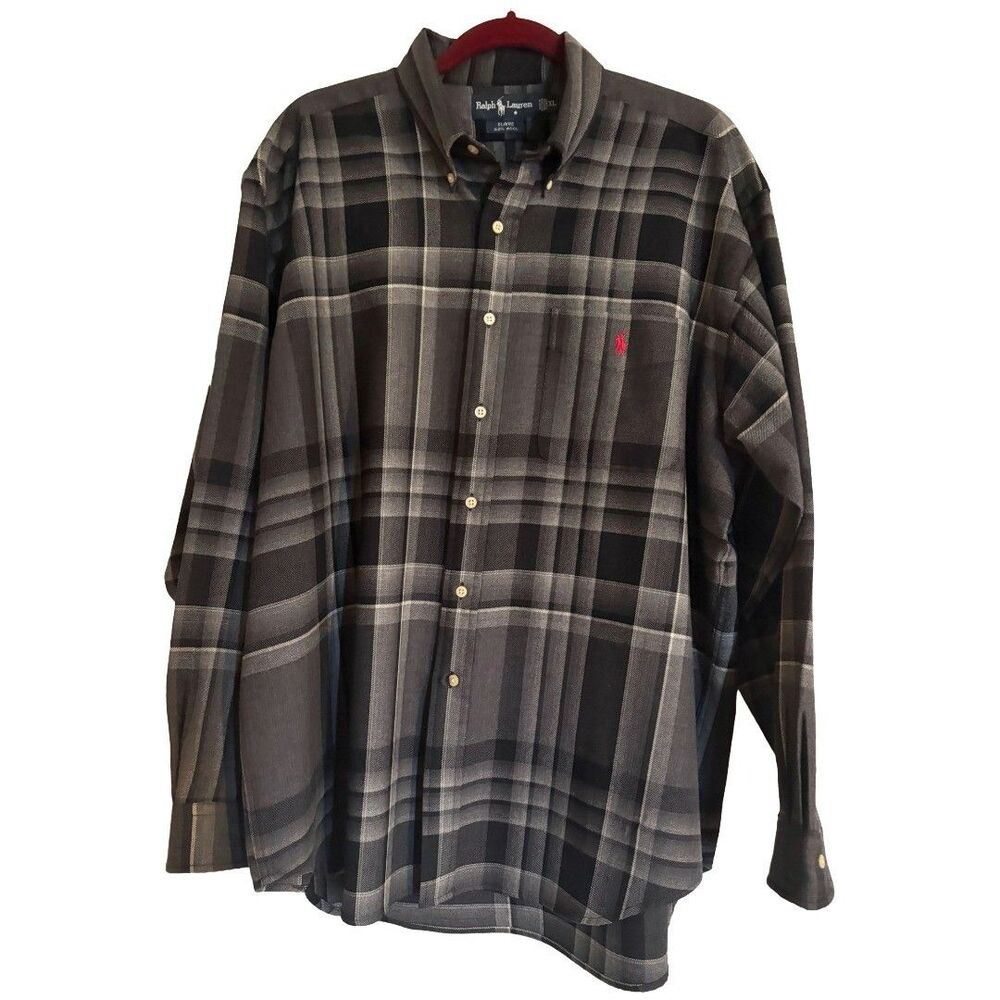 Polo Ralph Lauren Blaire Shirt Men's XL 100% Wool Gray Black Plaid Long Sleeve